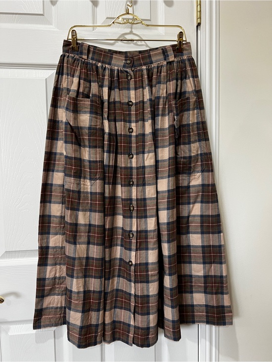 Laura Ashley Dresses & Skirts - Laura Ashley vintage Plaid Maxi Skirt Pleated Size 12 Front Button Closure Brown